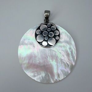 Vintage Sterling Silver Mother Of Pearl Disc Pendant With Bali Dot Designed